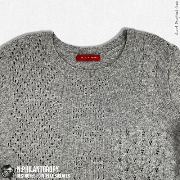 N:PHILANTHROPY DECONSTRUCTED POINTELLE CABLE KNIT SWEATER SHADOW WOOL CASHMERE - Picture 8 of 15